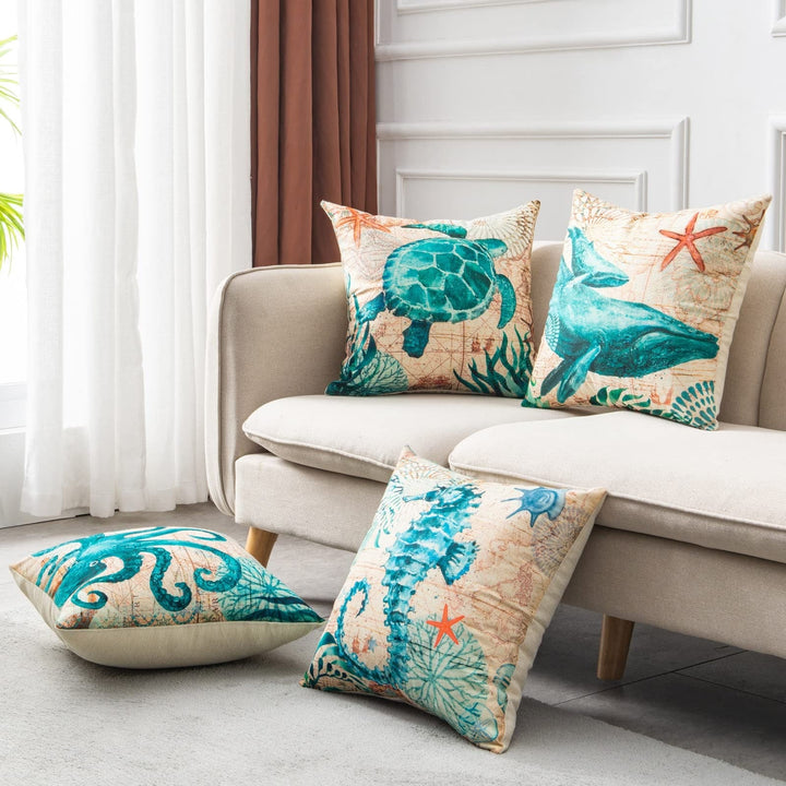 Sierkussenhoezen en bankkussens met decoratieve zeedierenprints, vierkant linnen, set van 4
