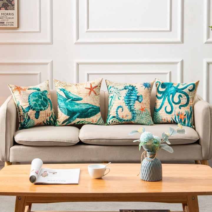 Sierkussenhoezen en bankkussens met decoratieve zeedierenprints, vierkant linnen, set van 4