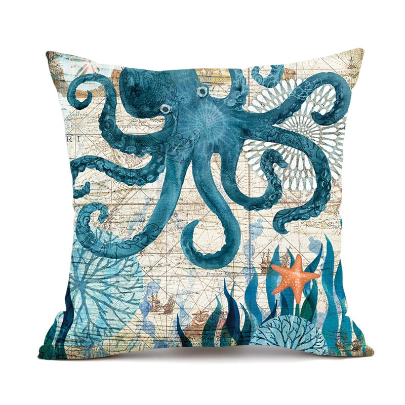 Sierkussenhoezen en bankkussens met decoratieve zeedierenprints, vierkant linnen, set van 4