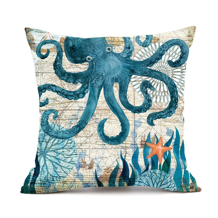 Sierkussenhoezen en bankkussens met decoratieve zeedierenprints, vierkant linnen, set van 4