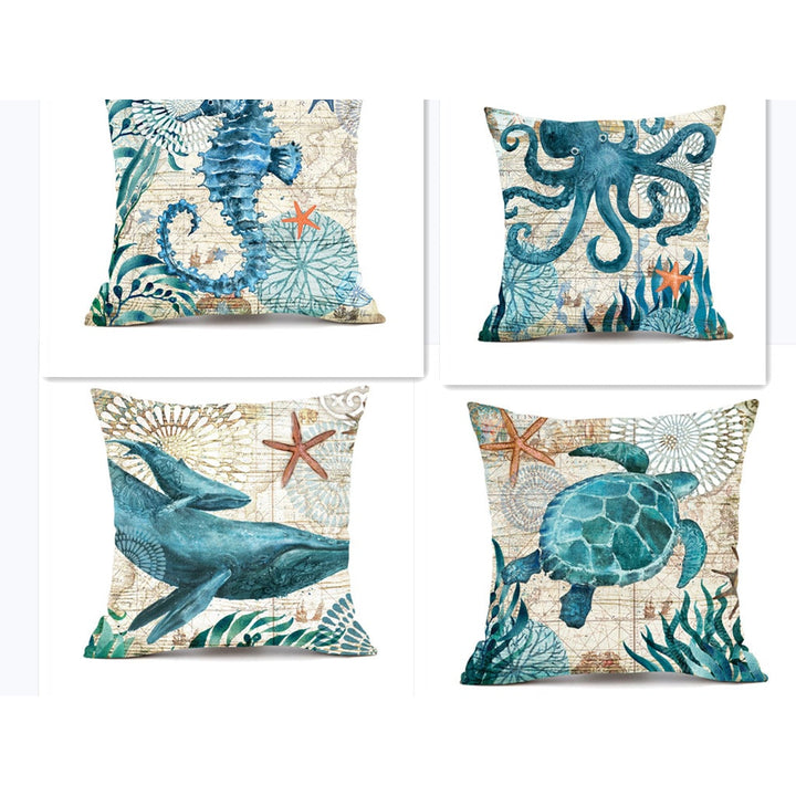 Sierkussenhoezen en bankkussens met decoratieve zeedierenprints, vierkant linnen, set van 4