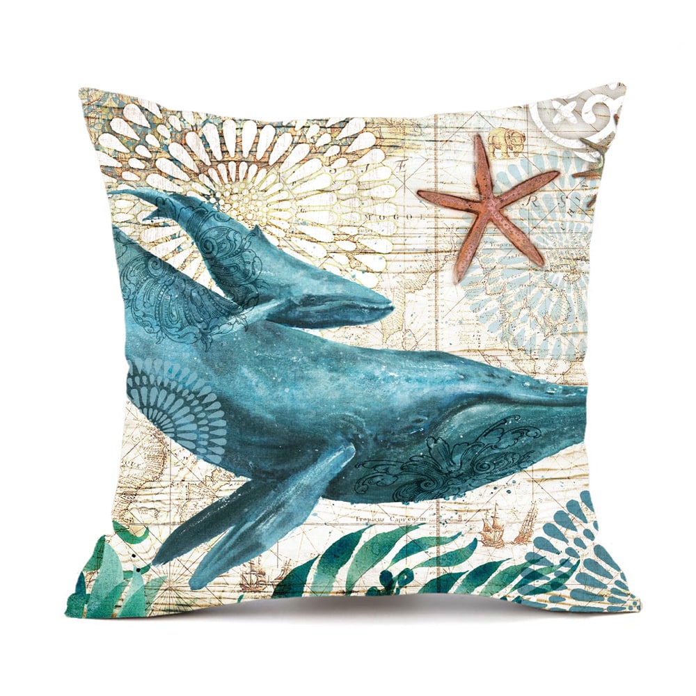 Sierkussenhoezen en bankkussens met decoratieve zeedierenprints, vierkant linnen, set van 4