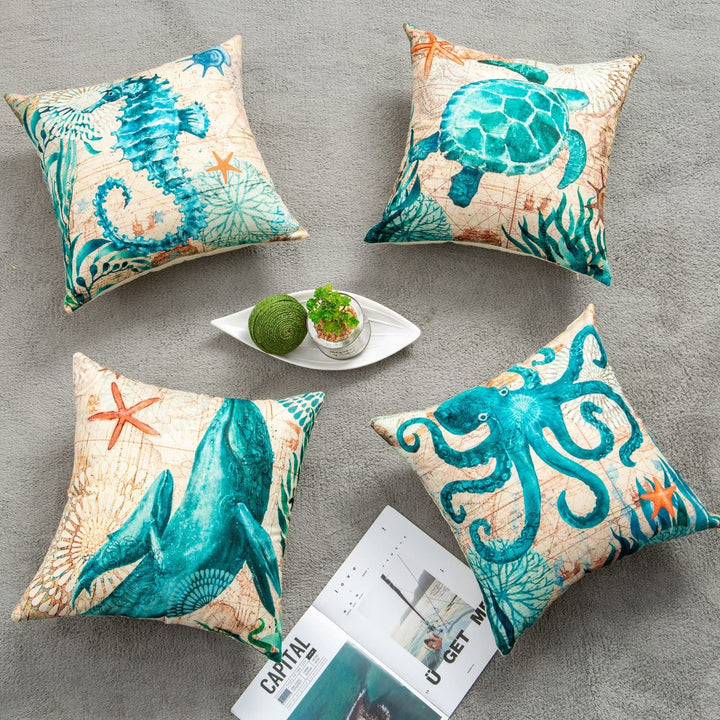 Sierkussenhoezen en bankkussens met decoratieve zeedierenprints, vierkant linnen, set van 4