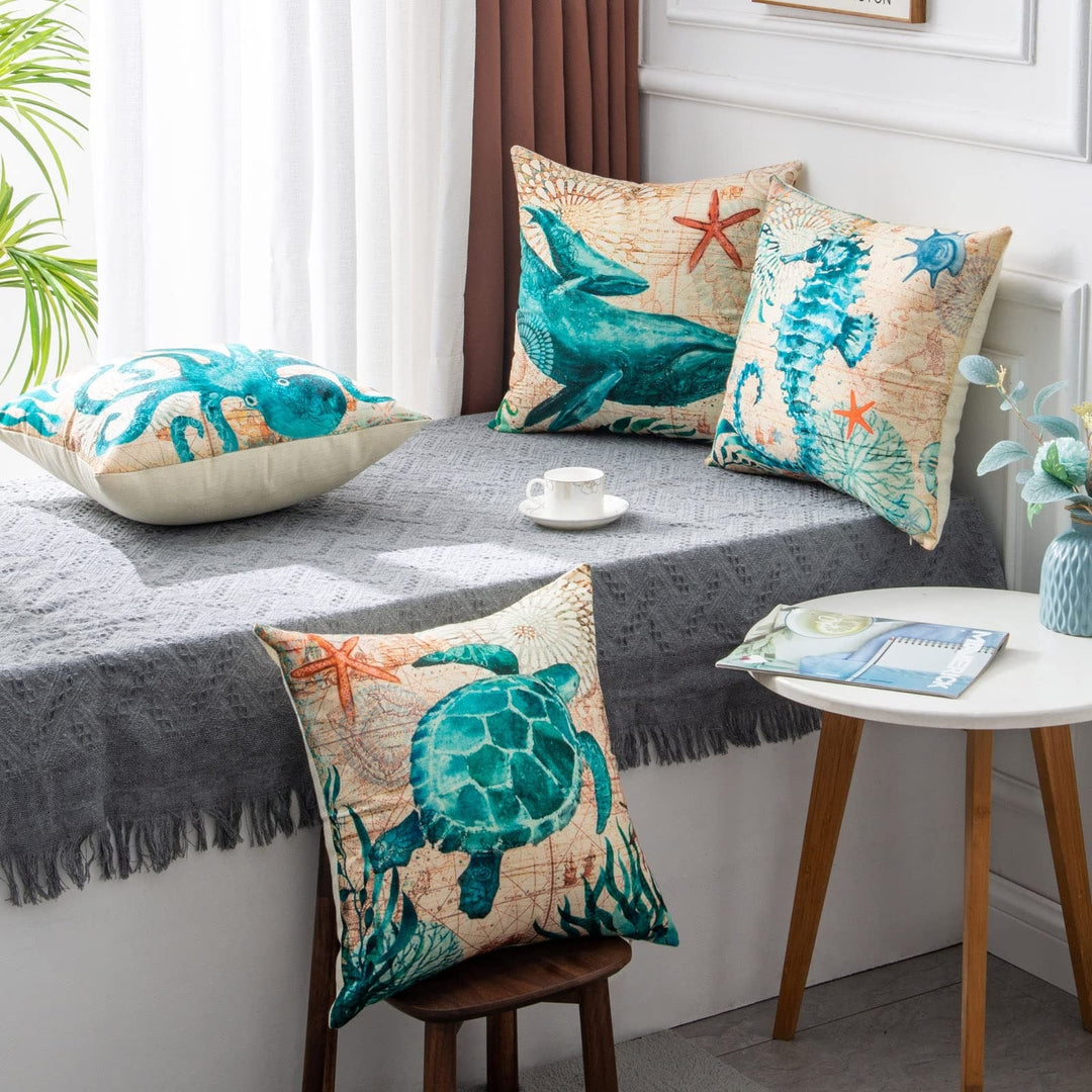 Sierkussenhoezen en bankkussens met decoratieve zeedierenprints, vierkant linnen, set van 4