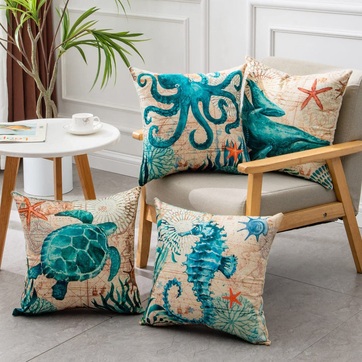 Sierkussenhoezen en bankkussens met decoratieve zeedierenprints, vierkant linnen, set van 4