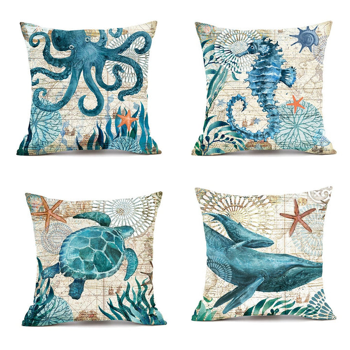 Sierkussenhoezen en bankkussens met decoratieve zeedierenprints, vierkant linnen, set van 4