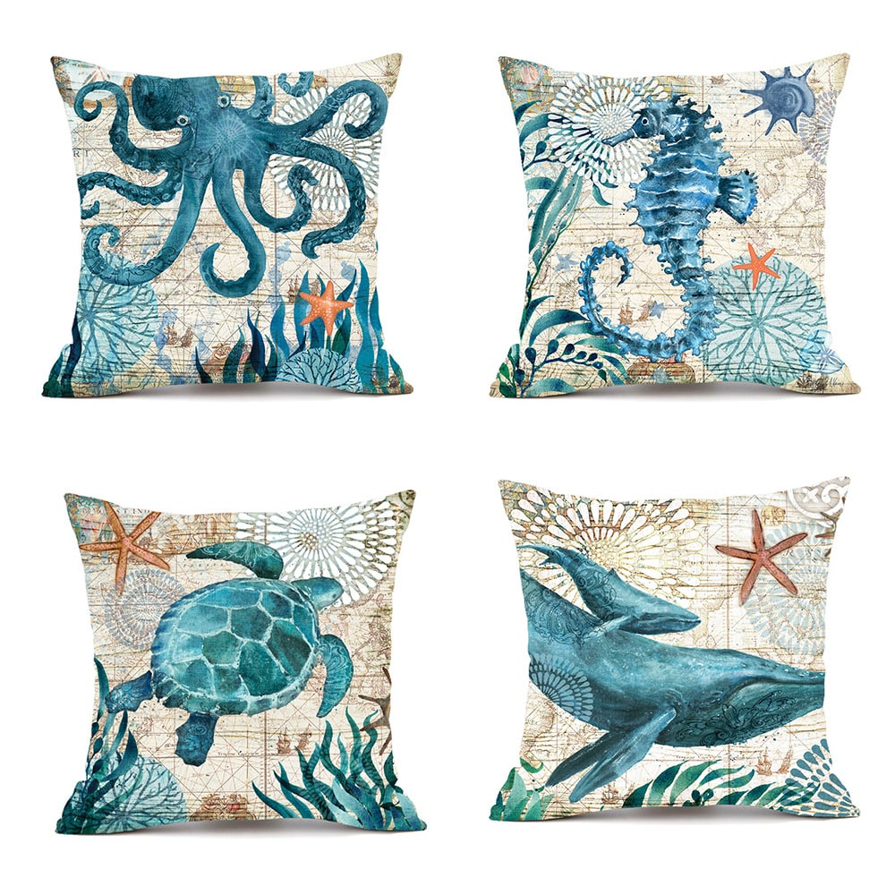 Sierkussenhoezen en bankkussens met decoratieve zeedierenprints, vierkant linnen, set van 4
