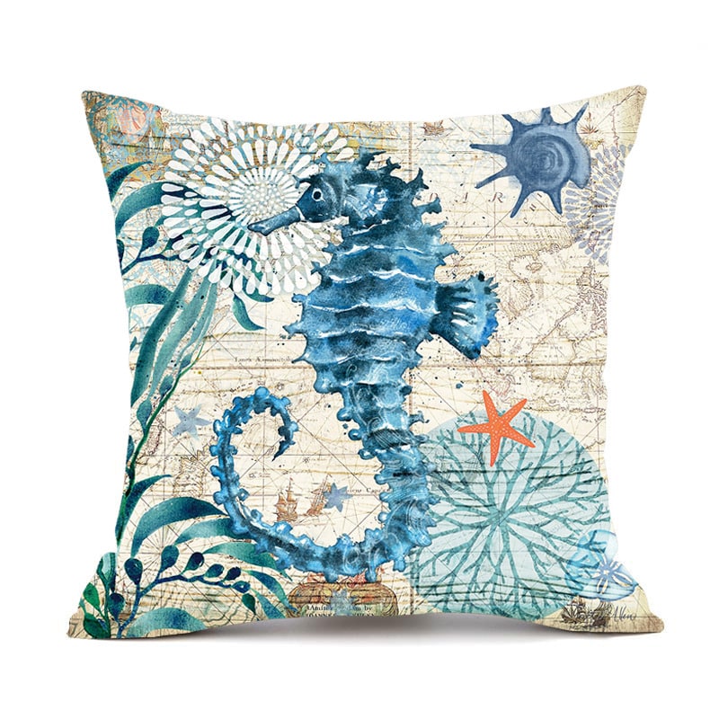Sierkussenhoezen en bankkussens met decoratieve zeedierenprints, vierkant linnen, set van 4