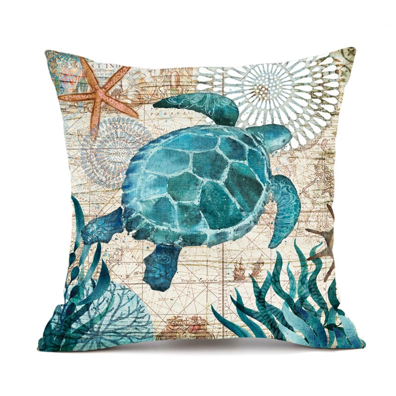 Sierkussenhoezen en bankkussens met decoratieve zeedierenprints, vierkant linnen, set van 4