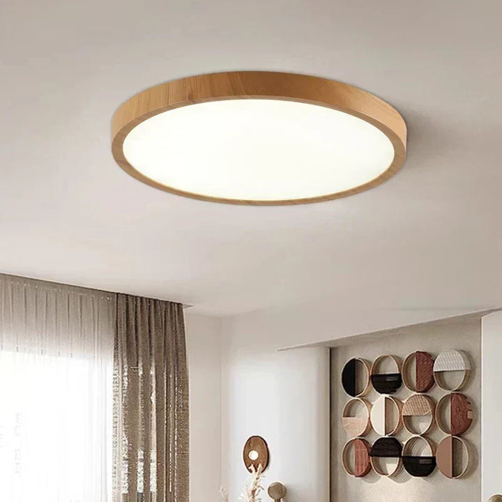 Ultradunne ronde plafondlamp van notenhout voor elegante, moderne ruimtes