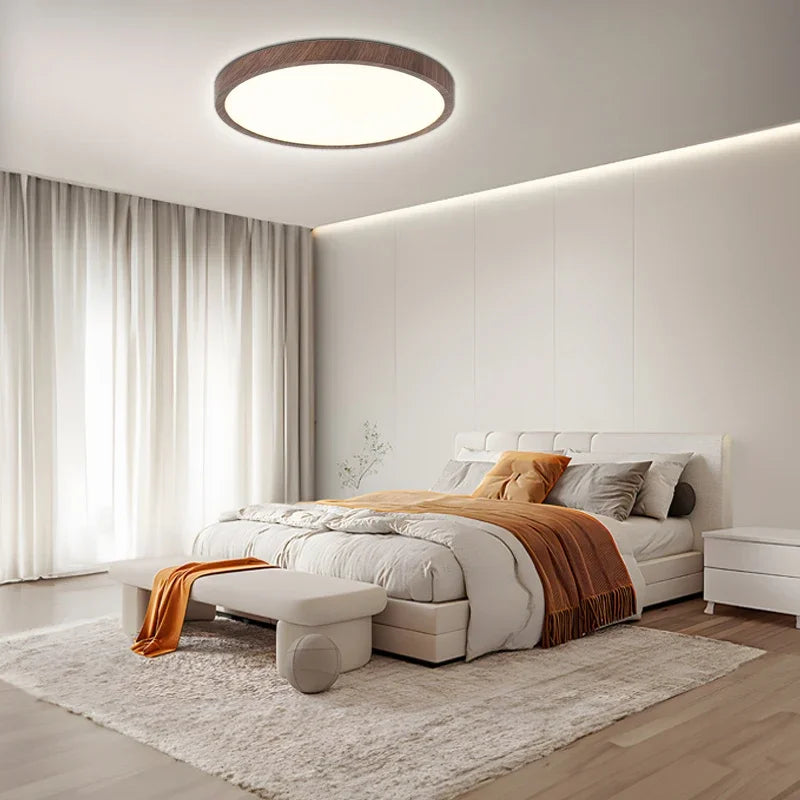 Ultradunne ronde plafondlamp van notenhout voor elegante, moderne ruimtes