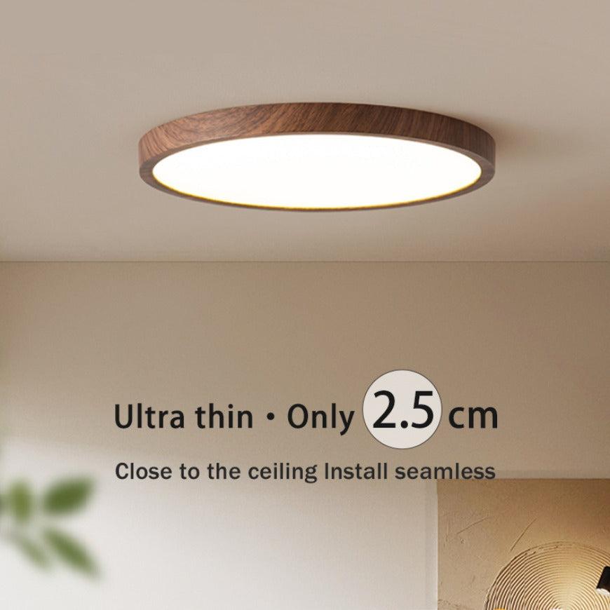 Ultradunne ronde plafondlamp van walnotenhout voor elegante, moderne ruimtes