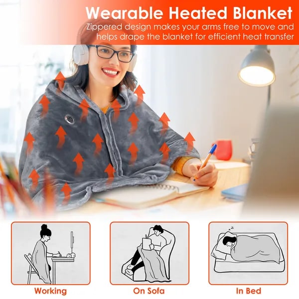 USB verwarmde draagbare dekensjaal met rits acht verwarmingszones zacht fleece 59 X 31 inch