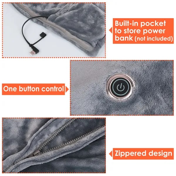 USB verwarmde draagbare dekensjaal met rits acht verwarmingszones zacht fleece 59 X 31 inch