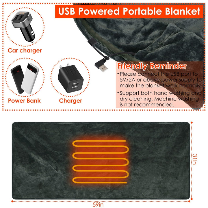 USB draagbare verwarmde deken met rits fleece plaid omslagdoek en elektrische sjaal 59x31in