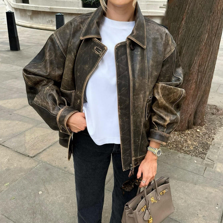 Dames Vintage Leren Jas in Retro-Stijl – Kayna