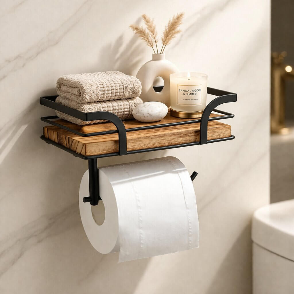 Toiletrolhouder voor wandmontage met plankje voor telefoon en doekjes