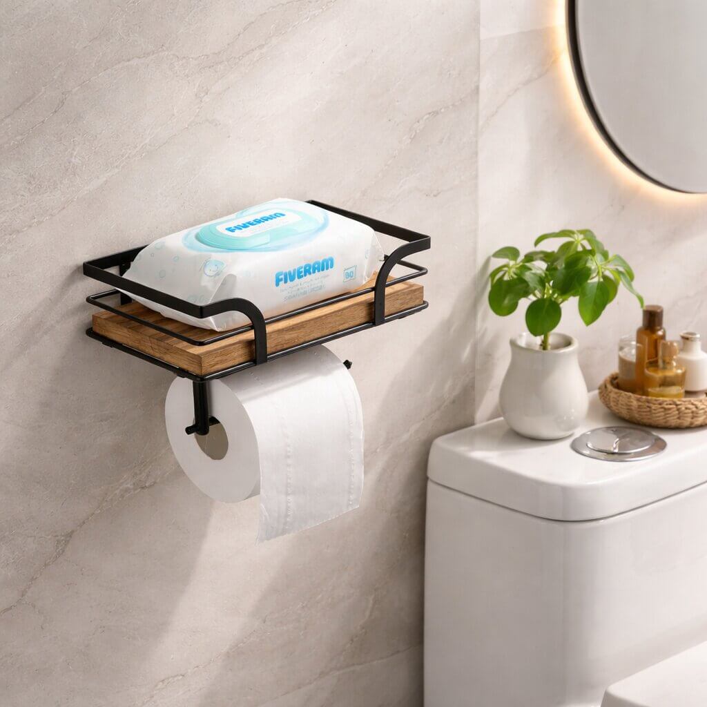 Toiletrolhouder voor wandmontage met plankje voor telefoon en doekjes