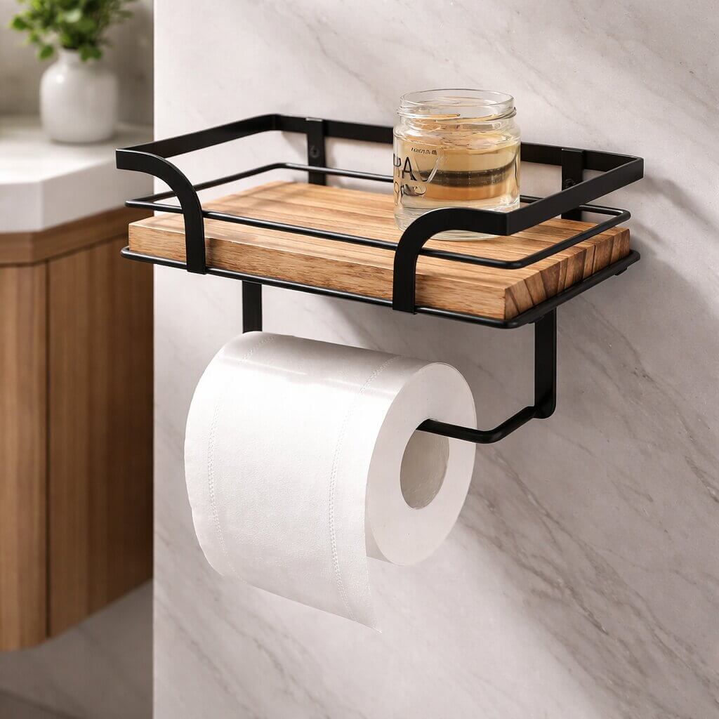 Toiletrolhouder voor wandmontage met plankje voor telefoon en doekjes