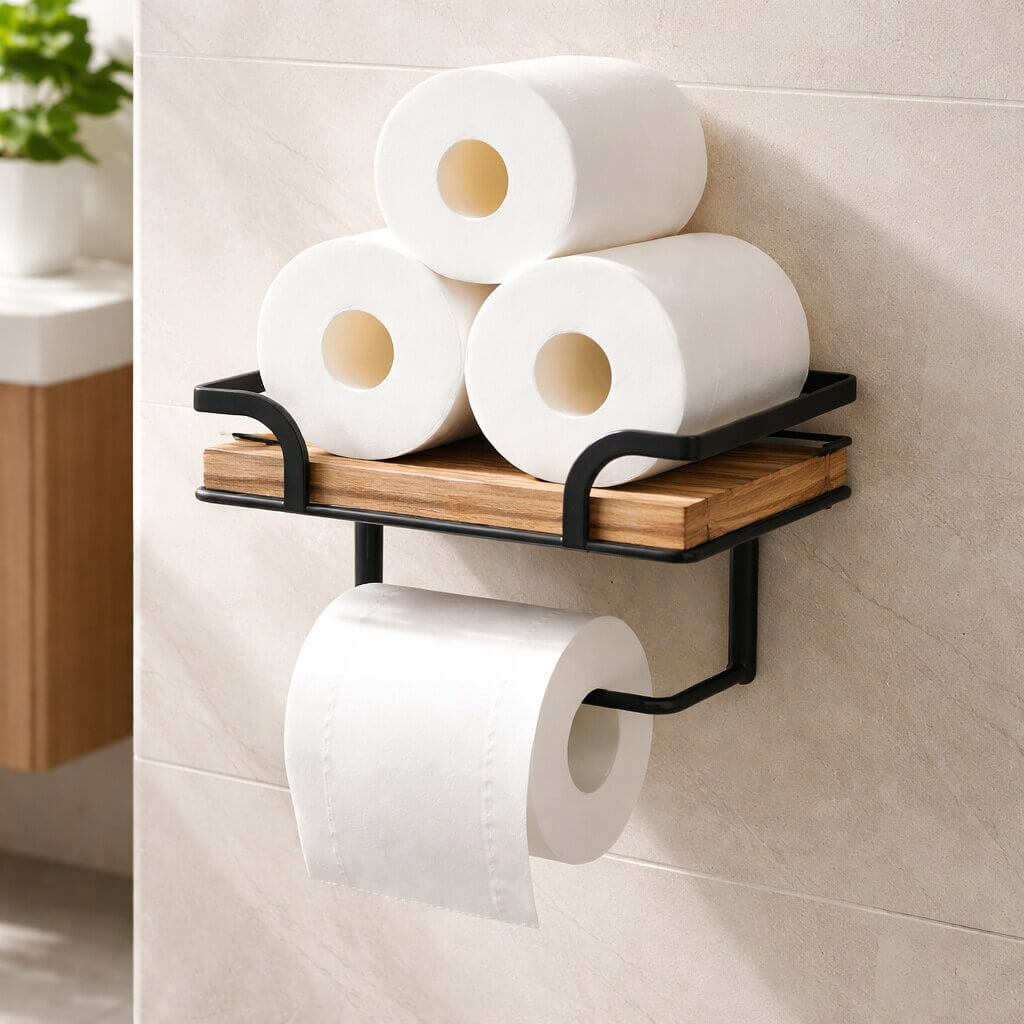 Toiletrolhouder voor wandmontage met plankje voor telefoon en doekjes