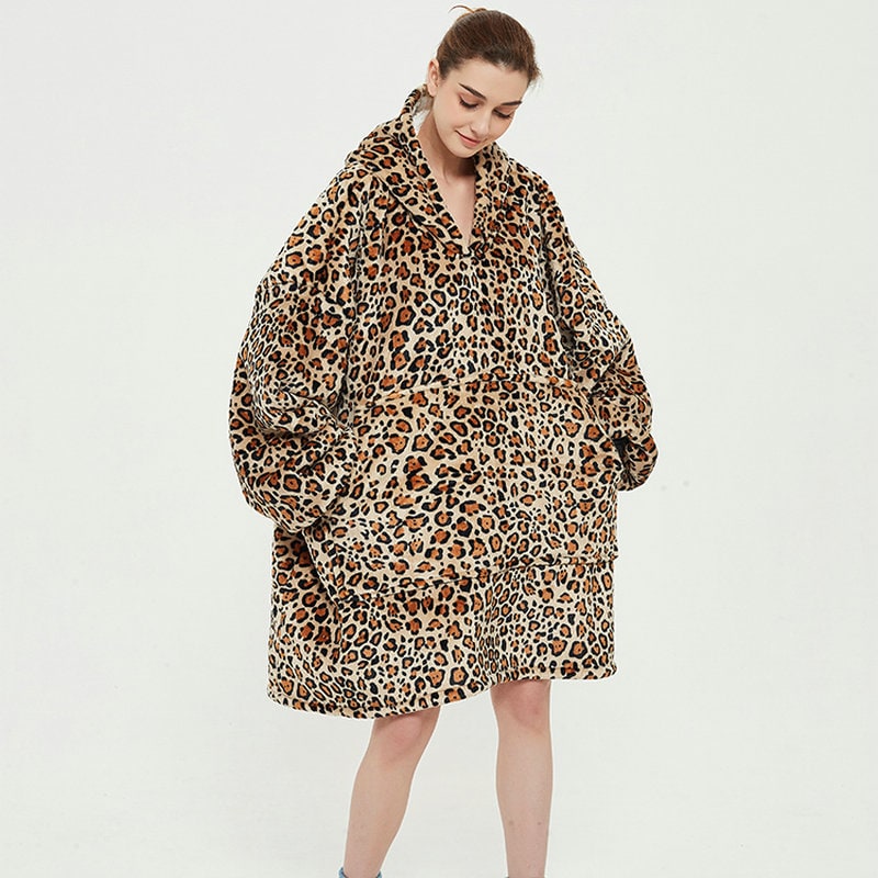 Draagbare dekenhoodie met sherpa voering, oversized fleece pullover