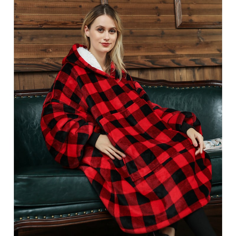 Draagbare dekenhoodie met sherpa voering, oversized fleece pullover