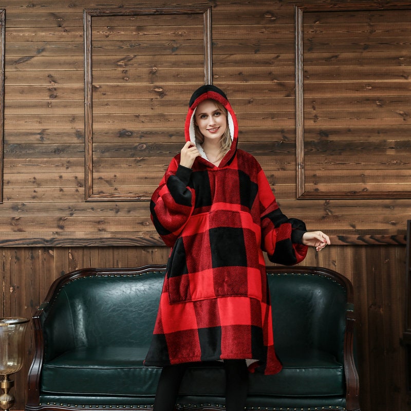 Draagbare dekenhoodie met sherpa voering, oversized fleece pullover