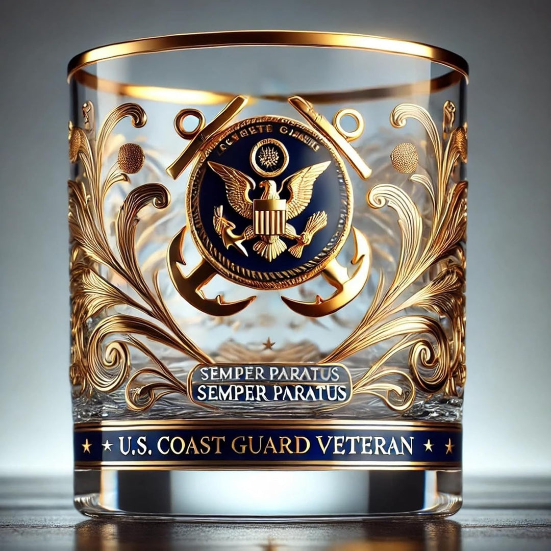 Whiskyglas tumbler goudkleurig filigraan embleem veteraan kristalhelder