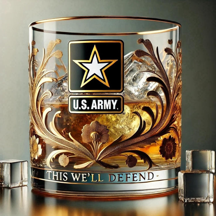 Whiskyglas tumbler goudkleurig filigraan embleem veteraan kristalhelder