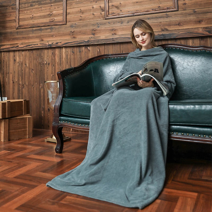 Dames deken met mouwen, draagbare fleece badjas met voorzak en lange oversized pasvorm
