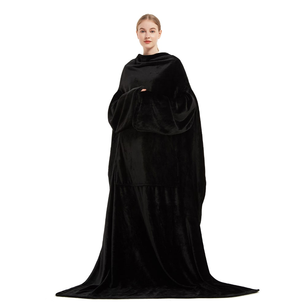 Dames deken met mouwen, draagbare fleece badjas met voorzak en lange oversized pasvorm
