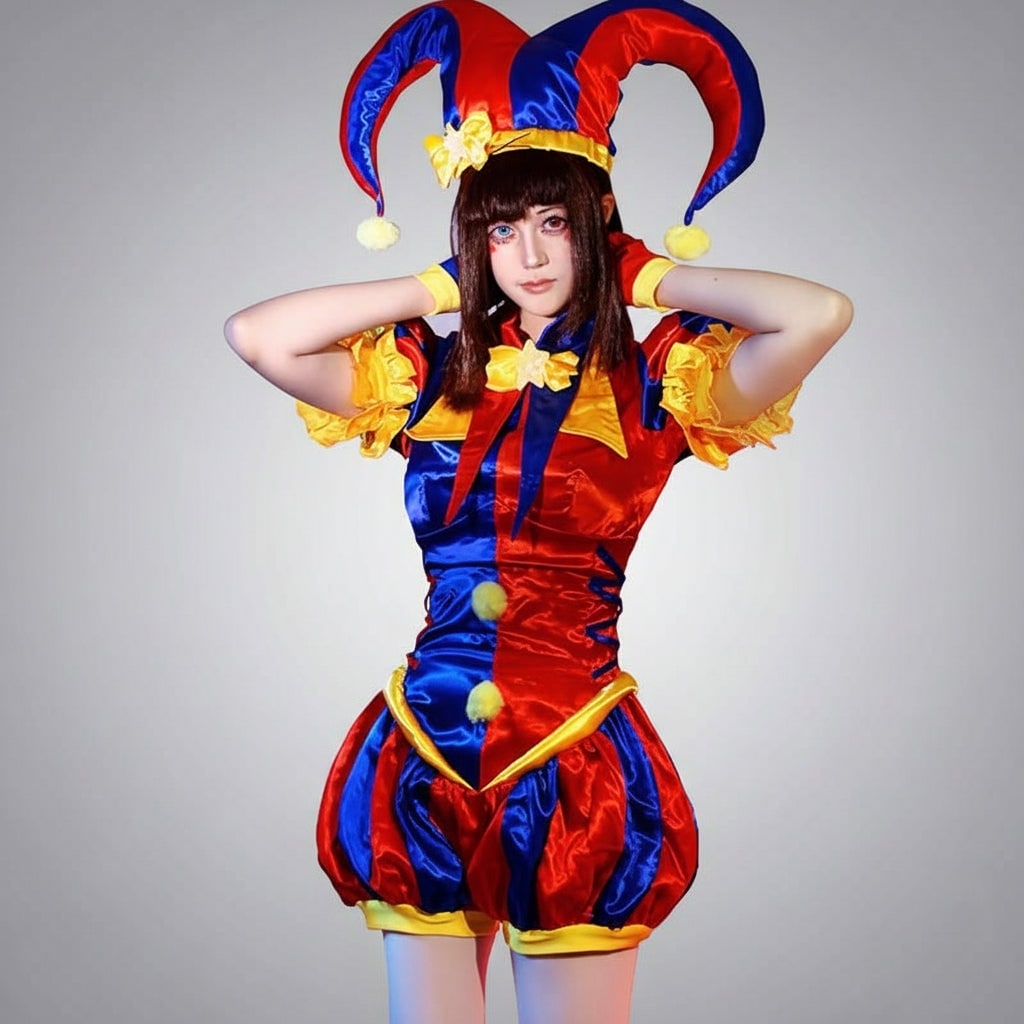 Halloween jestercostuum outfit voor dames met hoed en handschoenen, middeleeuws renaissancistisch hoffeest