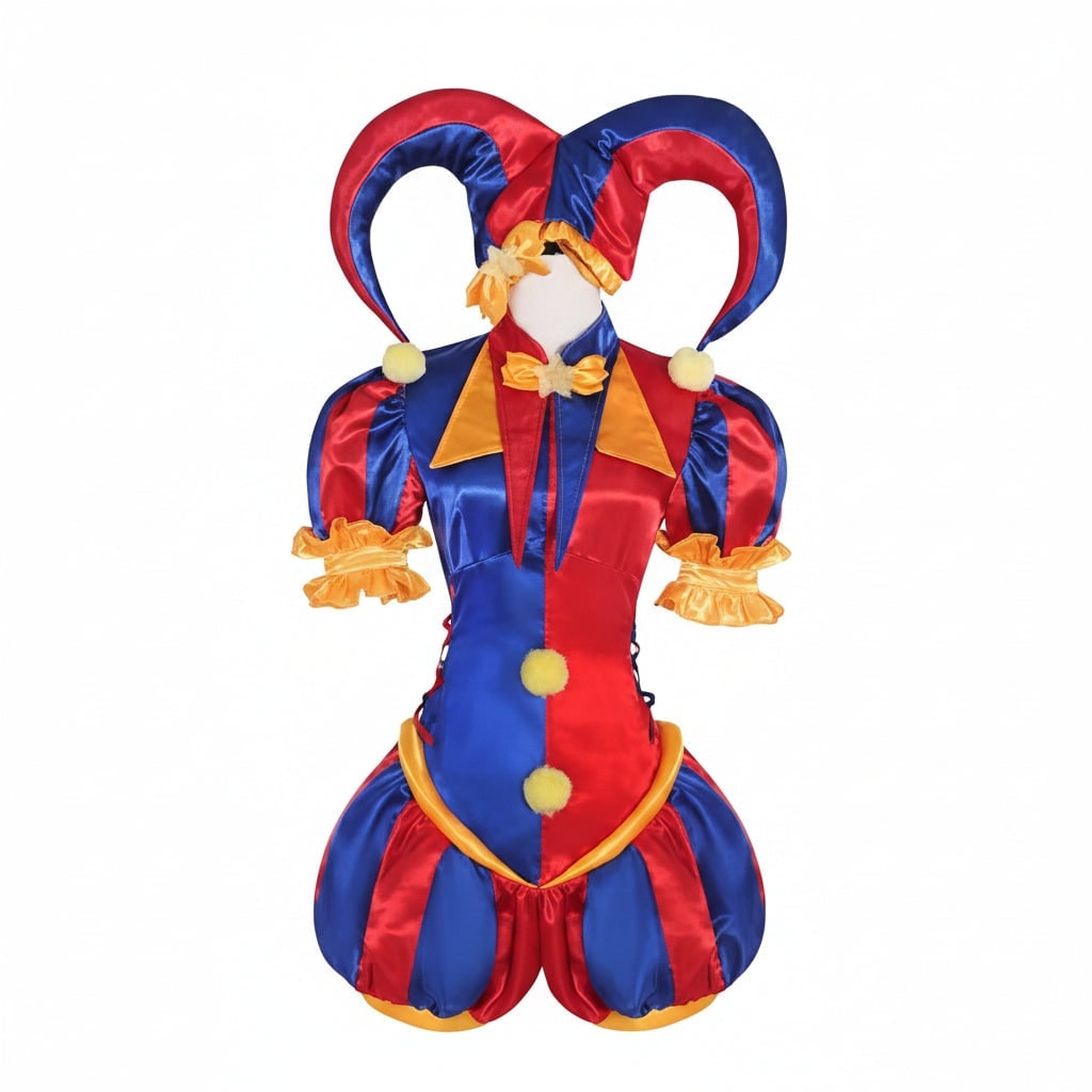 Halloween jestercostuum outfit voor dames met hoed en handschoenen, middeleeuws renaissancistisch hoffeest