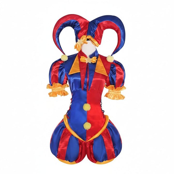 Halloween jestercostuum outfit voor dames met hoed en handschoenen, middeleeuws renaissancistisch hoffeest