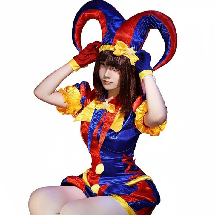 Halloween jestercostuum outfit voor dames met hoed en handschoenen, middeleeuws renaissancistisch hoffeest