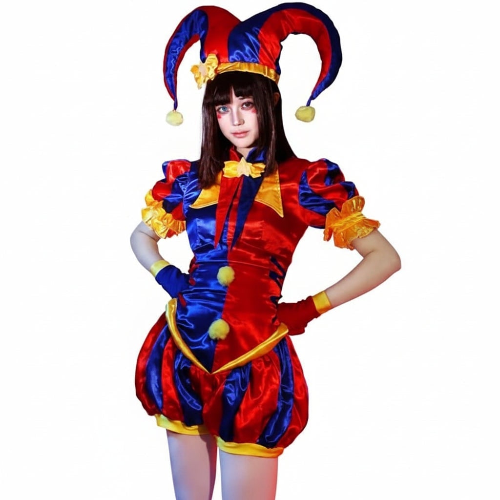 Halloween jestercostuum outfit voor dames met hoed en handschoenen, middeleeuws renaissancistisch hoffeest