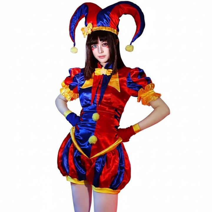 Halloween jestercostuum outfit voor dames met hoed en handschoenen, middeleeuws renaissancistisch hoffeest
