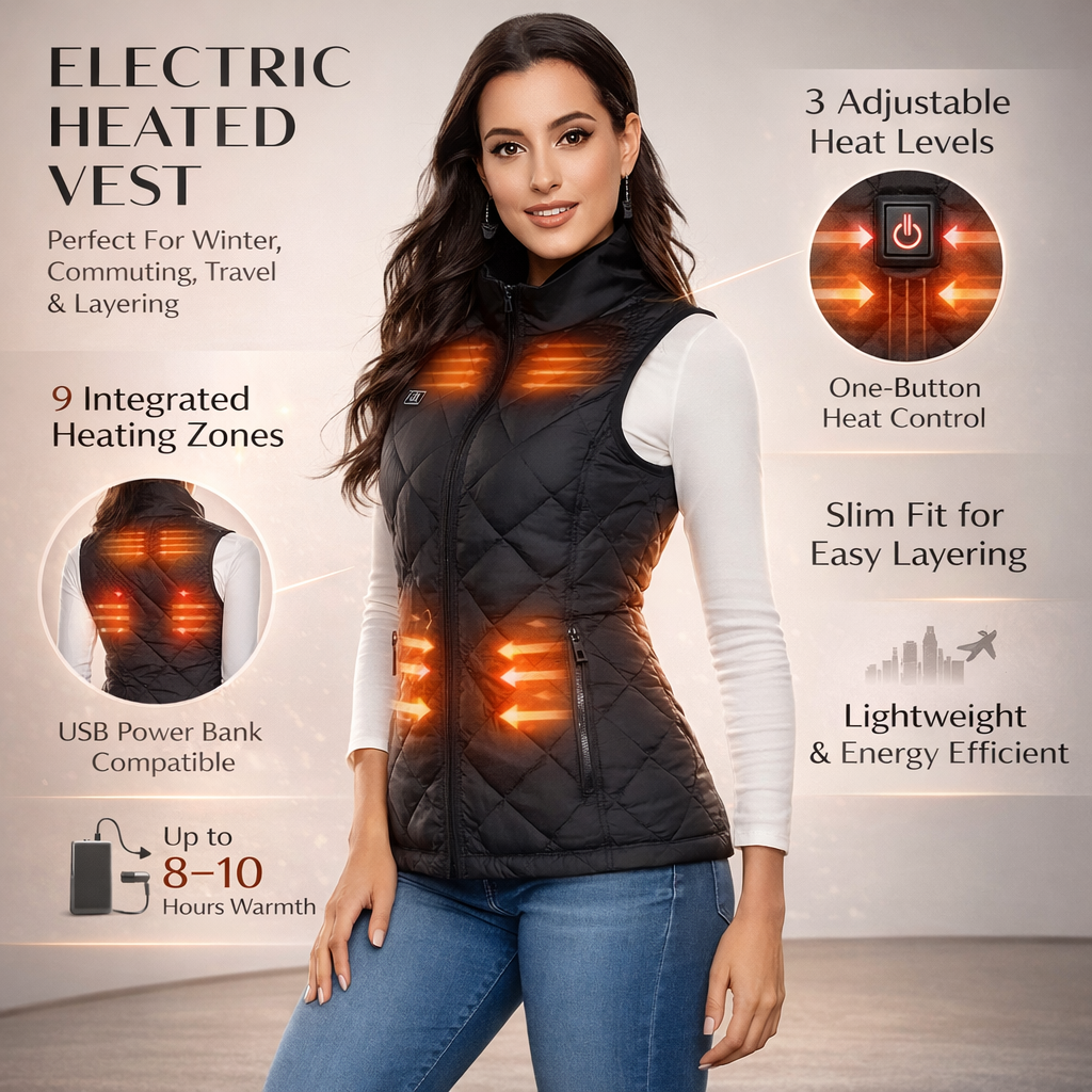 Verwarmd dames-bodywarmer met elektrisch gewatteerd ontwerp en opstaande kraag, licht van gewicht