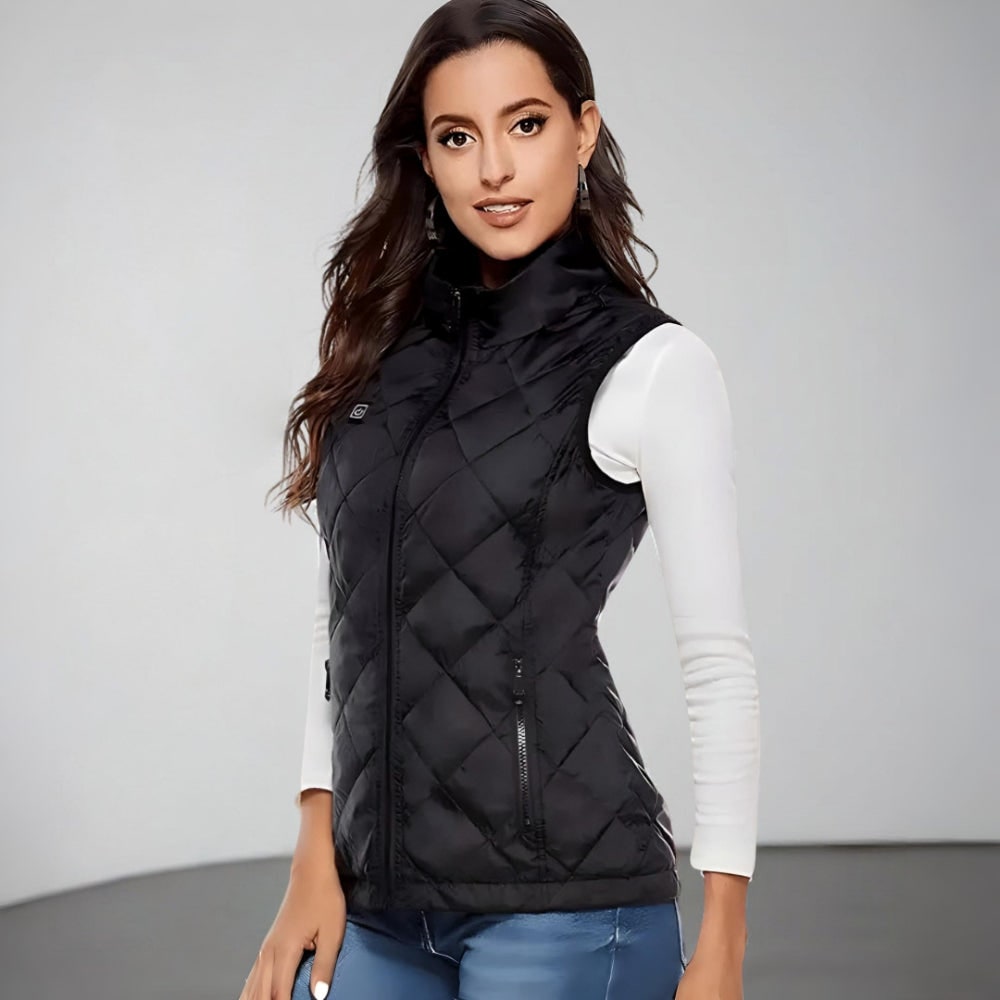 Verwarmd dames-bodywarmer met elektrisch gewatteerd ontwerp en opstaande kraag, licht van gewicht