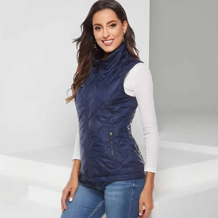 Verwarmd dames-bodywarmer met elektrisch gewatteerd ontwerp en opstaande kraag, licht van gewicht