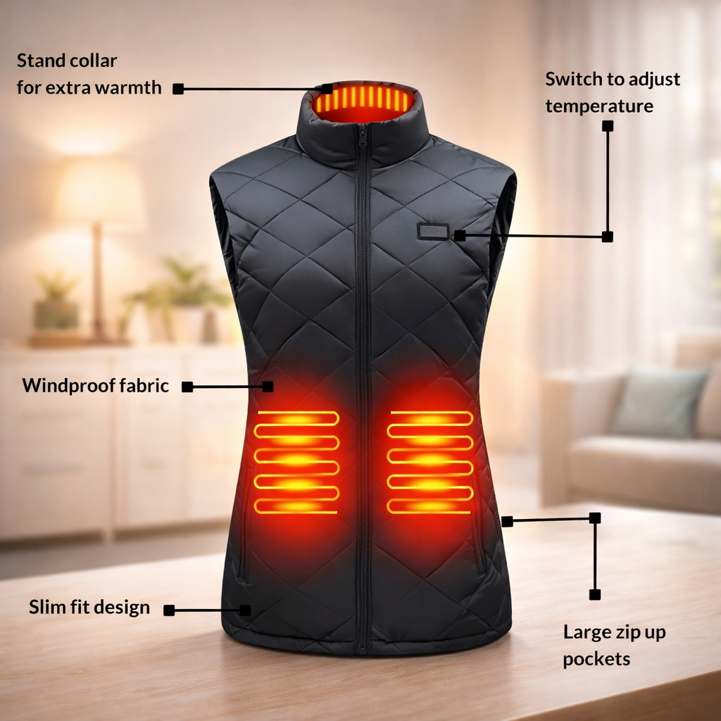 Verwarmd dames-bodywarmer met elektrisch gewatteerd ontwerp en opstaande kraag, licht van gewicht