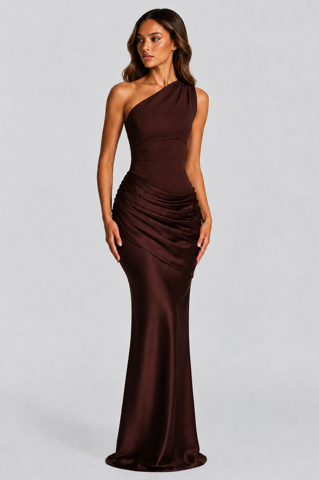 Gedrapeerde satijnen one-shoulder maxi-jurk