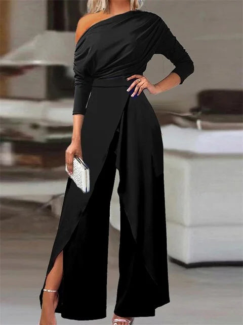 Off-shoulder jumpsuit met wijde pijpen en wikkelvoorpand