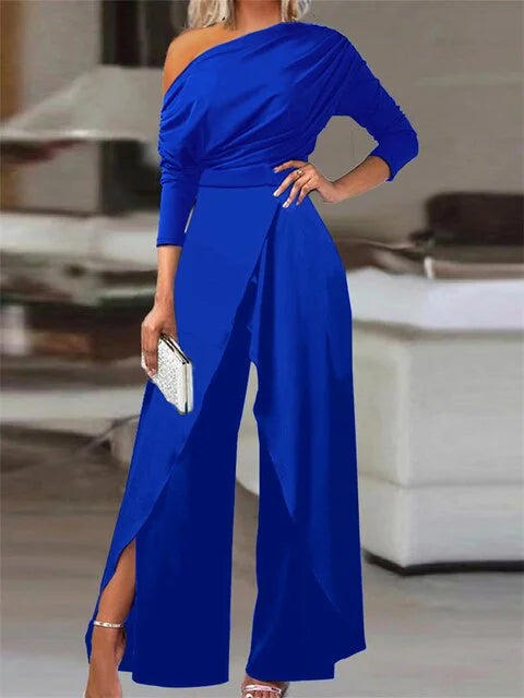 Off-shoulder jumpsuit met wijde pijpen en wikkelvoorpand