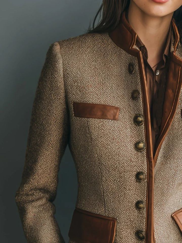 Visgraat tweed jasje met leerlook details – bruin
