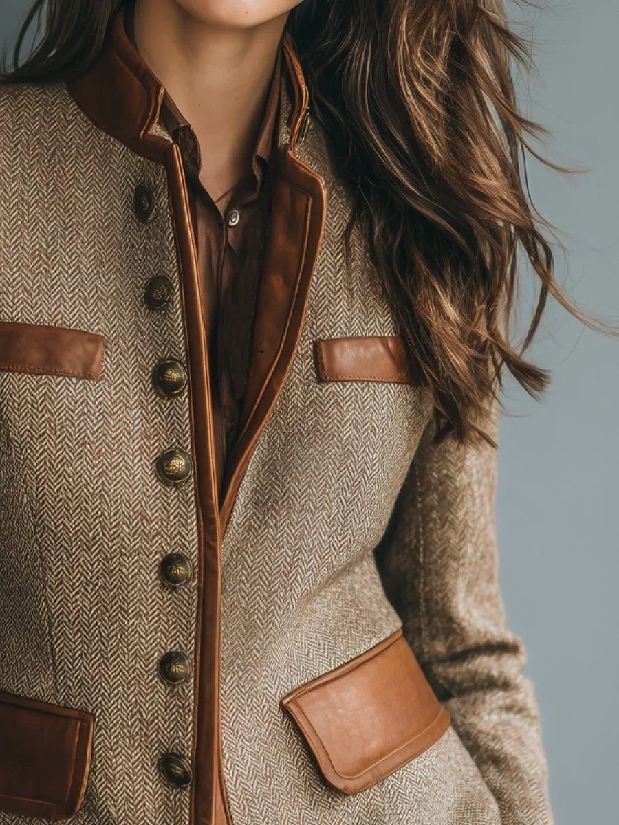 Visgraat tweed jasje met leerlook details – bruin
