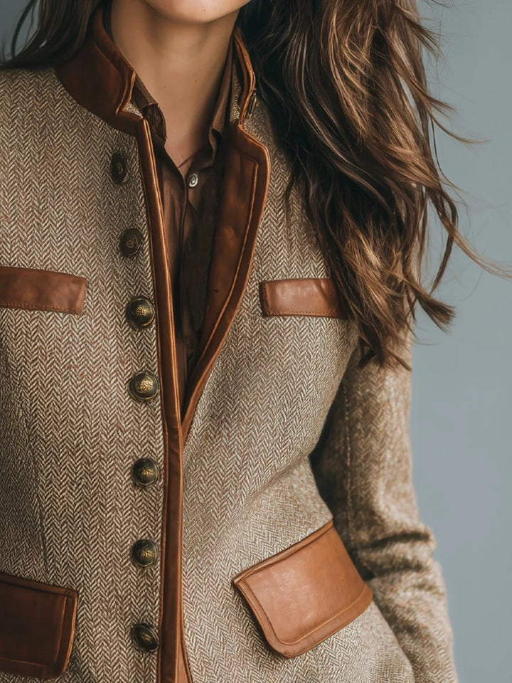 Visgraat tweed jasje met leerlook details – bruin