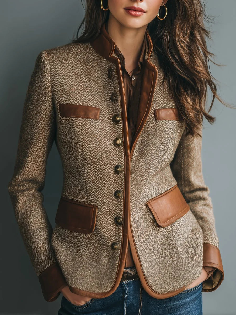 Visgraat tweed jasje met leerlook details – bruin