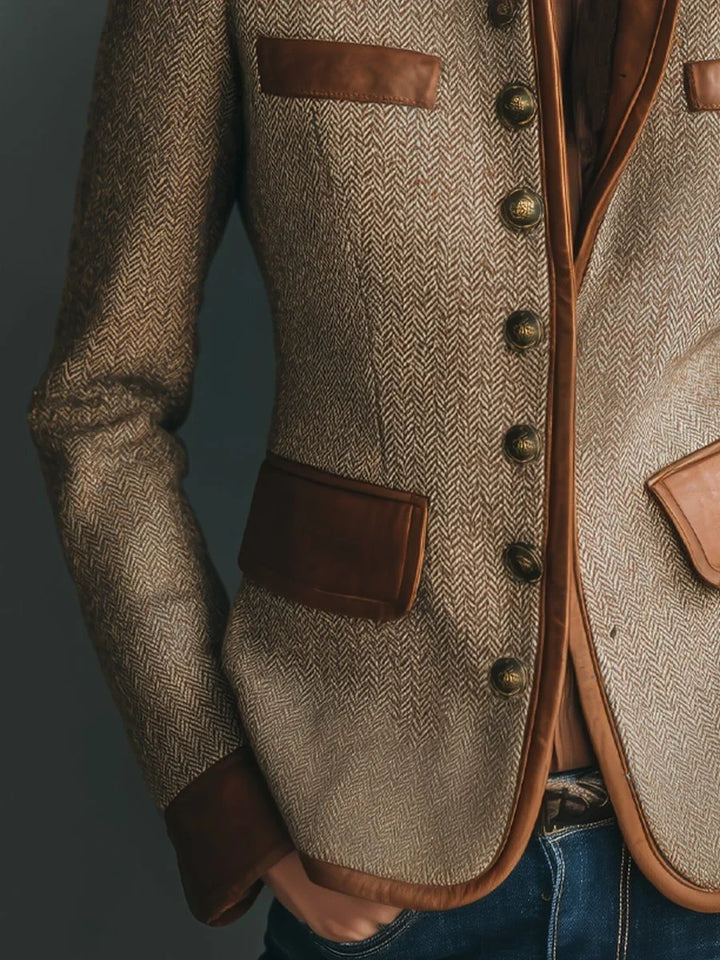 Visgraat tweed jasje met leerlook details – bruin
