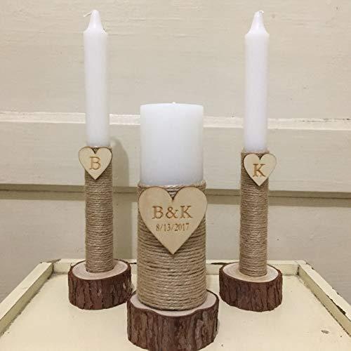 Houten kandelaars en standaard, set van 3 met rustiek design van boomschijf voor dinerkaarsen en stompkaarsen